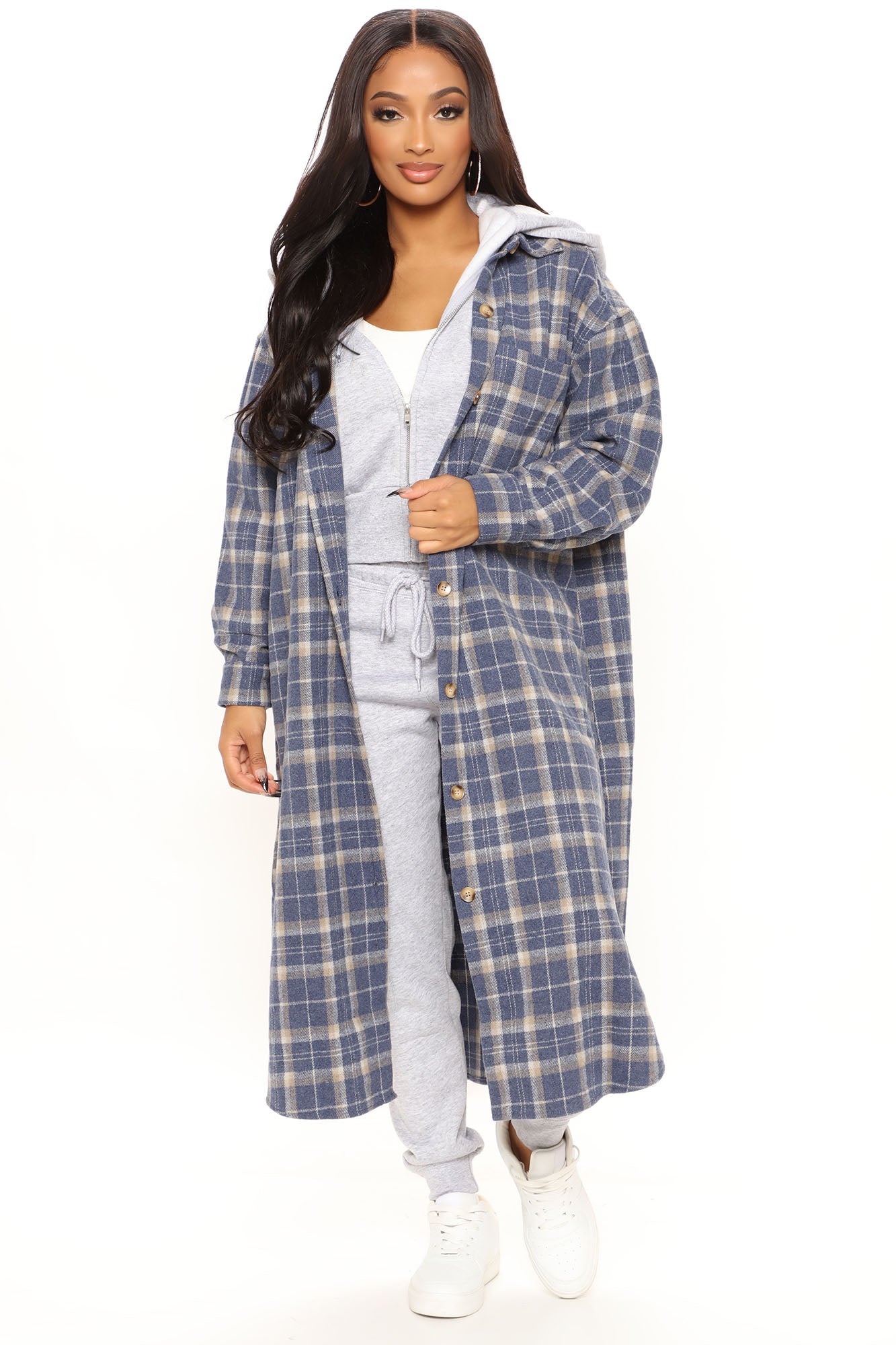 Fall Into It Long Shacket - Blue Online Deal