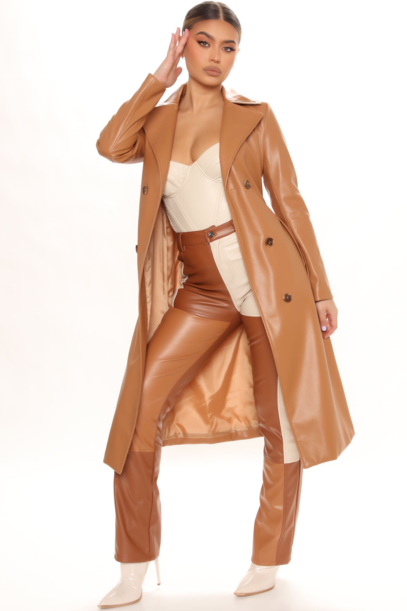 City Girl Faux Leather Trench Coat - Camel