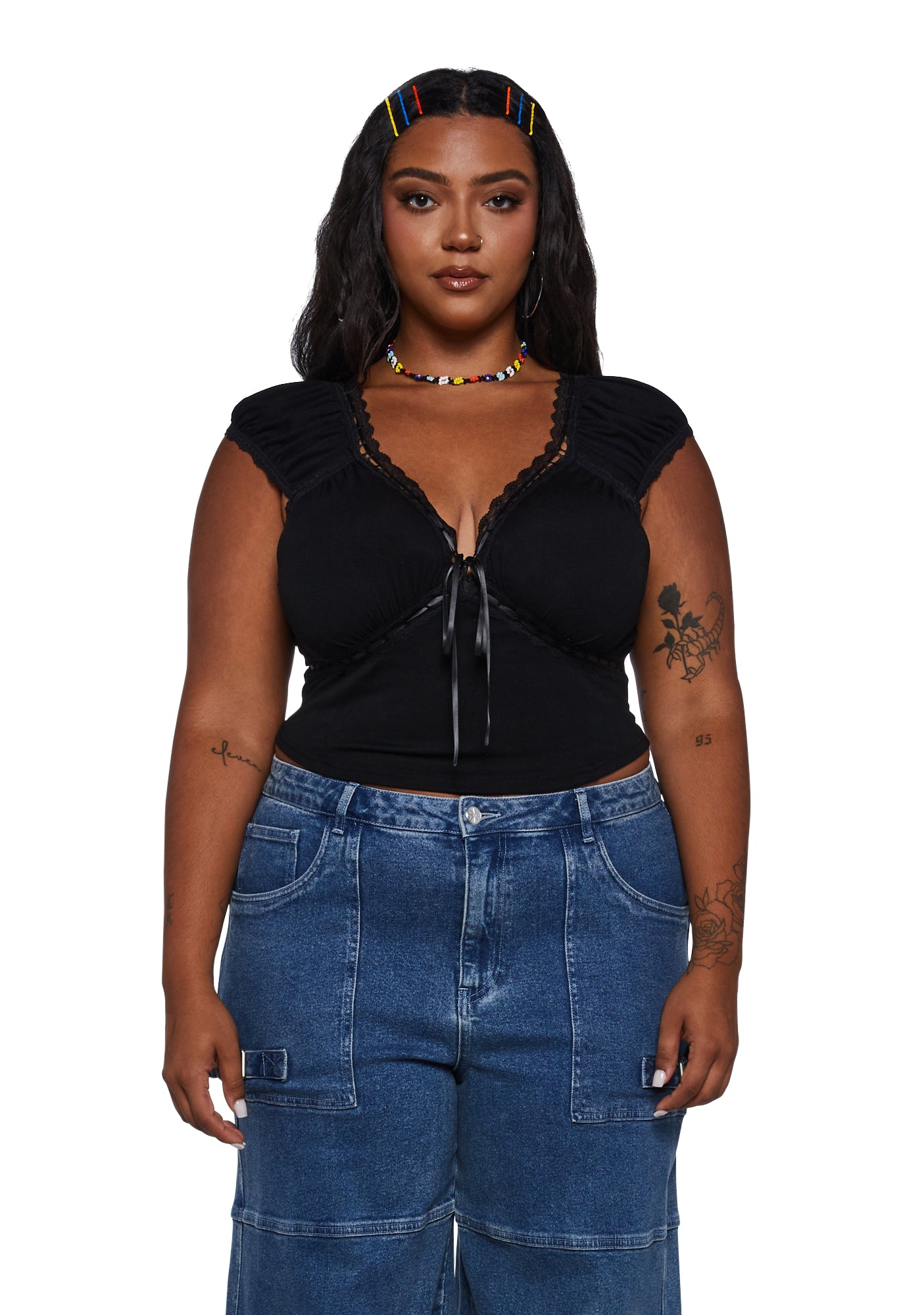 Plus Queen Of Spring Lace Trim Top - Black Online Deal